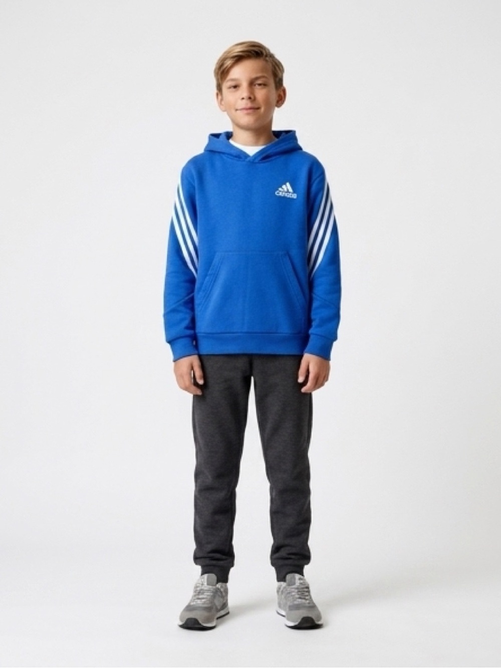 adidas Blue Hoodie with White Sleeve Stripes